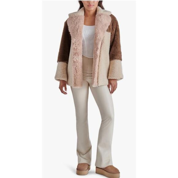Steve Madden Willow Coat Womens M Medium NEW Teddy Colorblock Tan Brown Beige - Picture 1 of 11